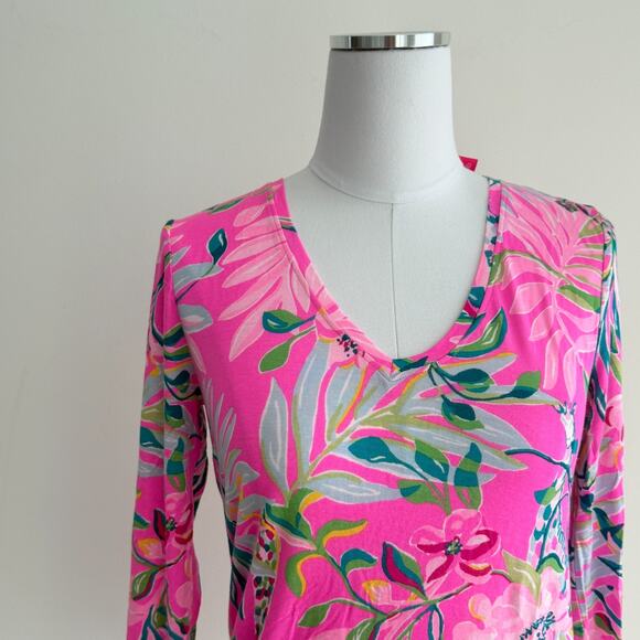 Lilly Pulitzer Top Womens XS Pink Floral Long Sleeve PJ Knit Plumeria I'm feline - Picture 5 of 10